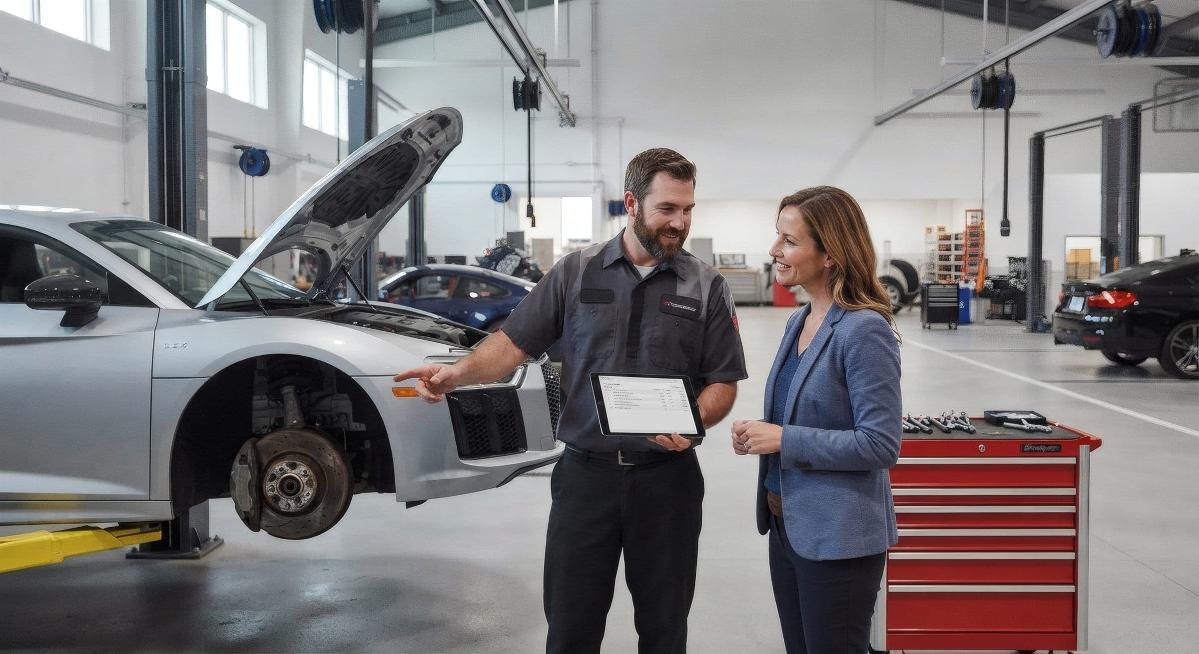 Praca przy hamulcach - Detal techniczny daje klientowi poczucie konkretu i pokazuje, że oferta nie kończy się na pustych hasłach. Inspiracja strony internetowej Warsztat Na Czas dla branży mechanik samochodowy w mieście Poznań.
