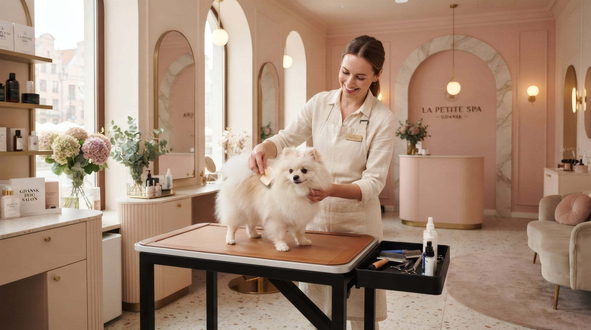 Strona główna inspiracji Puszysta Łapa dla branży salon groomerski w mieście Gdańsk. Pastelowa, dopracowana strona dla salonu groomerskiego z mocnym pierwszym ekranem, sekcją zaufania i prostą drogą do rezerwacji.